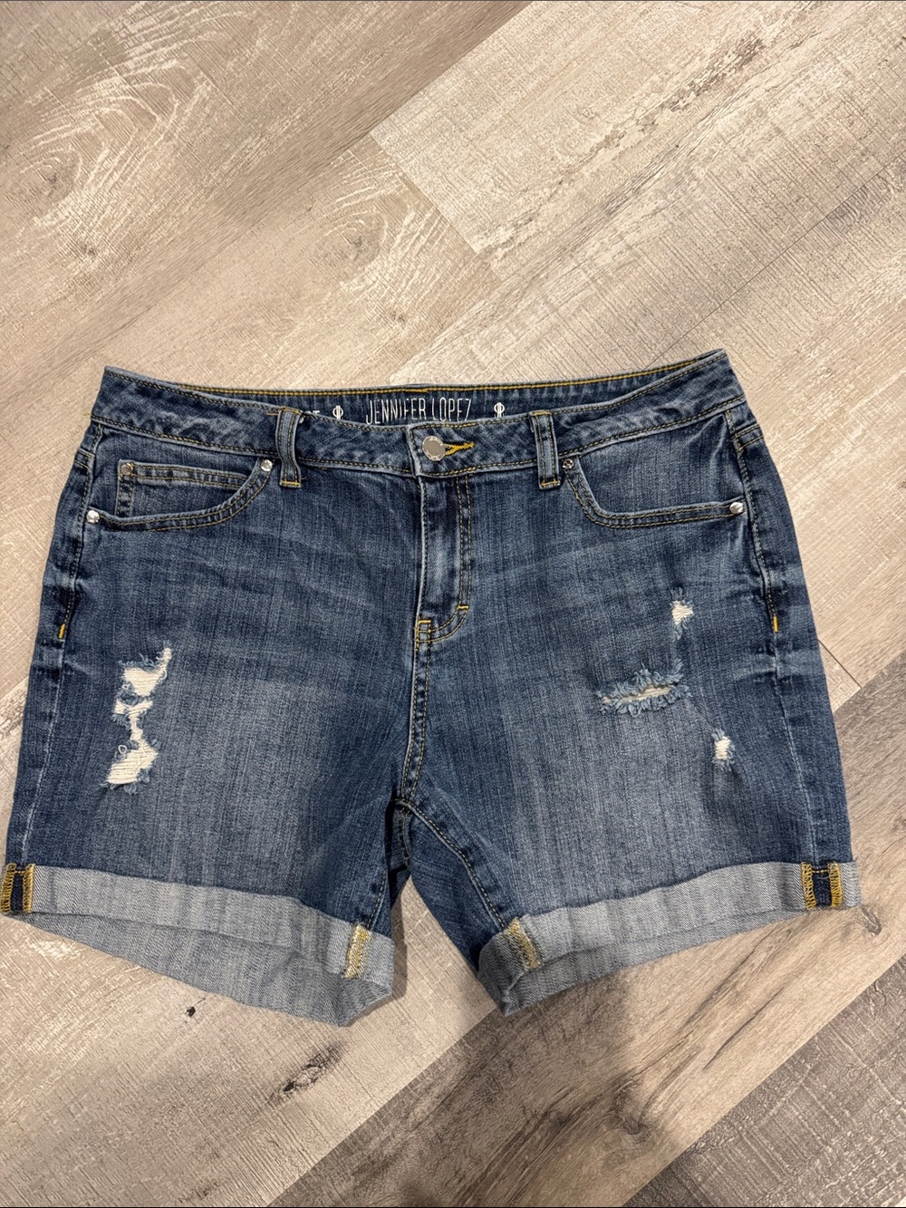 Vintage Jennifer Lopez Washed Distressed Cuffed Denim Shorts - Blue